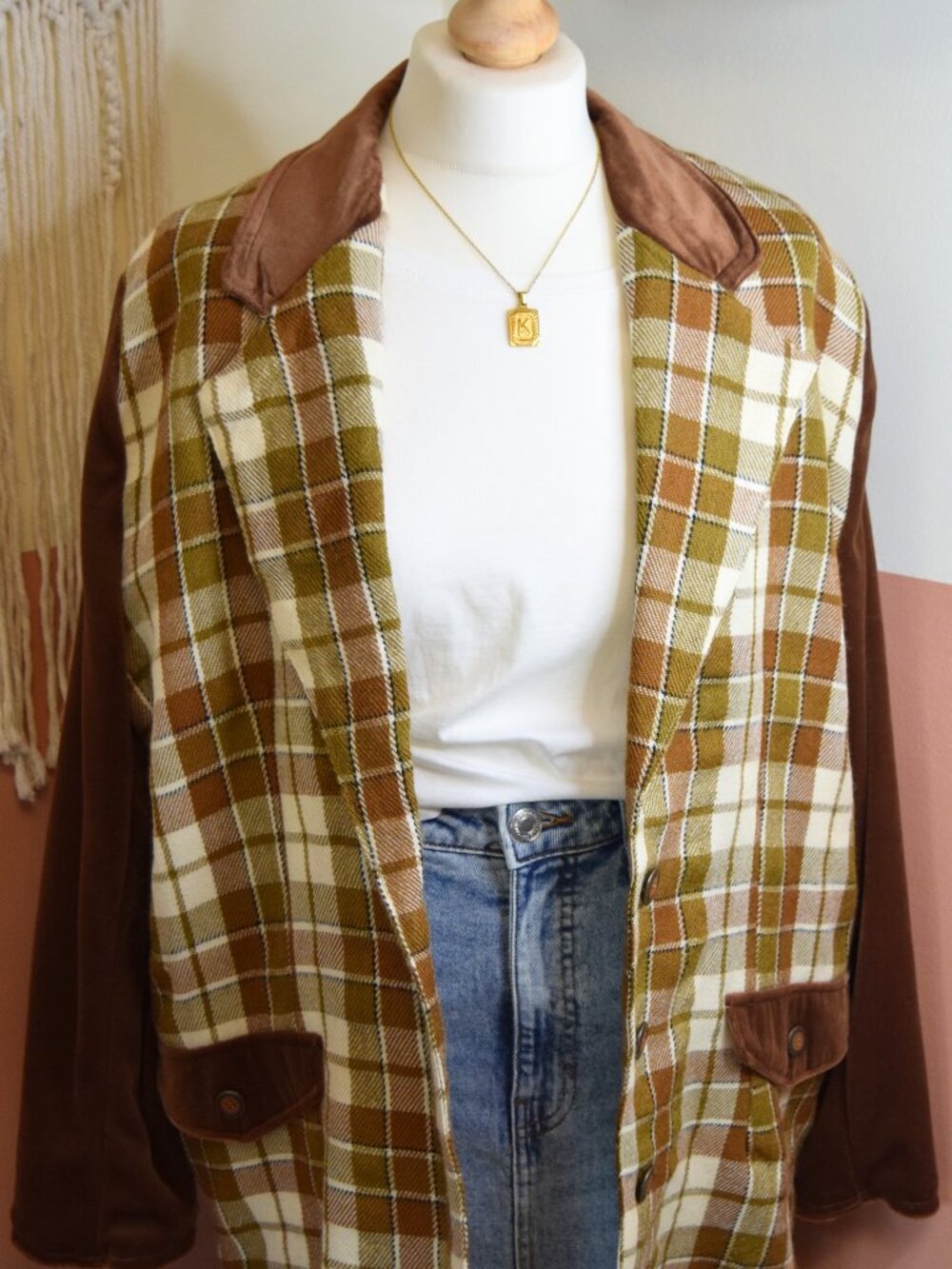 Plaid Velvet Contrast Blazer Jacket Brown Olive Academia Size Large